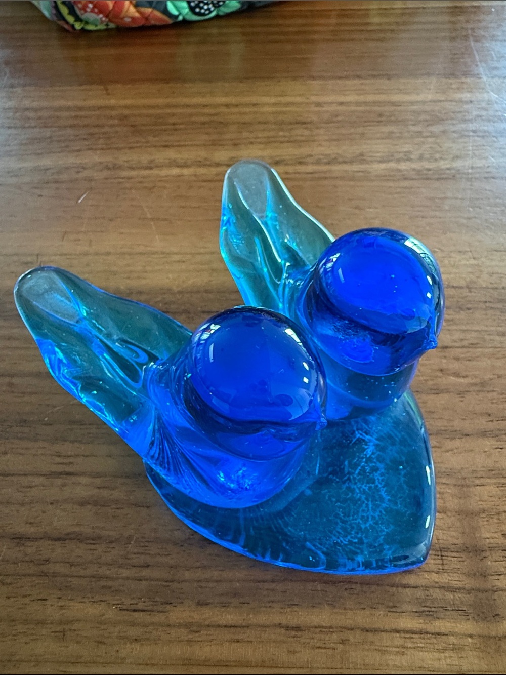 Signed VTG Leo Ward 1993 Double Blue Birds of Happiness Heart Base Glass‎ Decor